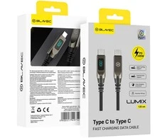 Blavec Kabelis Lumix pleciony – Typ C na Typ C – PD 100W 5A LED ekranas 1,2 metra Apple CarPlay/Android Auto (CLU-CC5BG12)