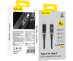 Blavec Kabelis Lumix pleciony – Typ C į Typ C – PD 240W 5A LED ekranas 1,2m Apple CarPlay/Android Auto (CLU-CC5BG12)