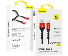 Blavec Kabelis Raptor pintas - USB į Type C - 2A 3 ms Apple CarPlay/Android Auto (CRA-UC2BR30) juodos spalvos-red
