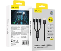 Blavec Kabelis Trixo pleciony – USB į 2xTyp C + Lightning – QC 18W PD60W 3A 1,3 m.a (CTR-U2CL3B13) juodos spalvos