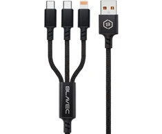 Blavec Kabelis Trixo pleciony – USB į 2xTyp C + Lightning – QC 18W PD60W 3A 1,3 m.a (CTR-U2CL3B13) juodos spalvos