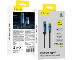 Blavec Kabelis Velox pleciony – Typ C na Typ C – PD 100W 5A LED ekranas 1,2 metra Apple CarPlay/Android Auto (CVE-CC5B12)