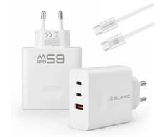 Blavec laidinis įkroviklis BC-11 GaN – USB + 2xTyp C – QC PD 65W 3A su kablem Typ C į Typ C (TCBC11G-U2CW653A) baltos spalvos