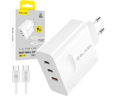 Blavec laidinis įkroviklis BC-11 GaN – USB + 2xTyp C – QC PD 65W 3A su kablem Typ C į Typ C (TCBC11G-U2CW653A) baltos spalvos