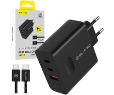 Blavec laidinis įkroviklis BC-11 GaN – USB + 2xTyp C – QC PD 65W 3A su kablem Typ C į Typ C (TCBC11G-U2CB653A) juodos spalvos