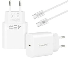 Blavec sieninis įkroviklis BC-7 GaN4 – C tipo – PD QC 45W 3A su C tipo į C tipo laidu (TCBC7G4-CW453A+CC) baltas