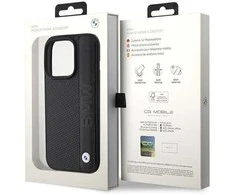 BMW BMHCP15X22RDPK Apple iPhone 15 Pro Max 6.7" dėklas telefonui juodos spalvos hardcase Leather Textured &amp; Stripe
