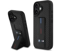 BMW BMHCP16SGSPCCK Apple iPhone 16 6.1" dėklas telefonui juodos spalvos M Grip su stoveliu Smooth and Carbon