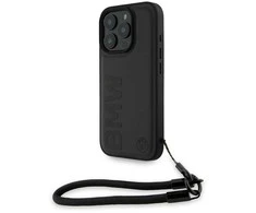 BMW Leather Signature and Strap Apple iPhone 16 Pro dėklas telefonui juodos spalvos