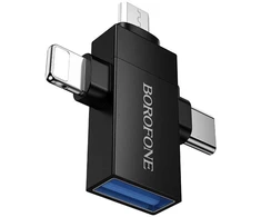 Borofone Adapteris BV26D – USB to Lightning/Type C/Micro USB – juodos spalvos