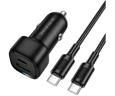 Borofone automobilinis įkroviklis BZ34B Cloud - USB + Type C - QC 3.0 PD 38W su Type C į Type C kabeliu juodos spalvos