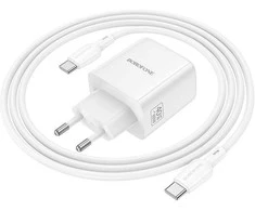 Borofone Įkroviklis jungiama į tinklą BN33 Fuente GaN Typ C – QC3.0 PD 40W su cable Type C to Type C baltos spalvos