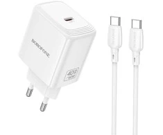 Borofone Įkroviklis jungiama į tinklą BN33 Fuente GaN Typ C – QC3.0 PD 40W su cable Type C to Type C baltos spalvos