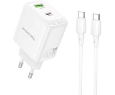 Borofone kelioninis įkroviklis BN30 Cargador GaN – USB + Type C – QC 3.0 PD 45W with Type C to Type C cable baltos spalvos