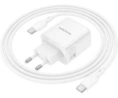 Borofone kelioninis įkroviklis BN30 Cargador GaN – USB + Type C – QC 3.0 PD 45W with Type C to Type C cable baltos spalvos