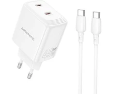 Borofone kelioninis įkroviklis BN31 Cargador GaN – 2xType C – QC 3.0 PD 45W with Type C to Type C cable baltos spalvos