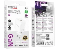 Borofone kelioninis įkroviklis BN31 Cargador GaN – 2xType C – QC 3.0 PD 45W with Type C to Type C cable baltos spalvos