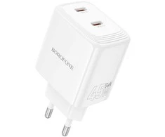 Borofone kelioninis įkroviklis BN31 Cargador GaN – 2xType C – QC 3.0 PD 45W baltos spalvos