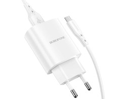 „Borofone BN1 Innovative“ sieninis įkroviklis – USB – 2,1A su USB–MicroUSB jungtimi, baltas