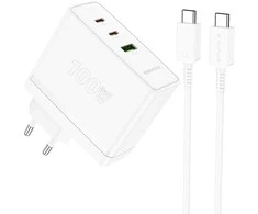 Oem Borofone Laidinis įkroviklis BN11 Imperial – USB + 2xType C – QC 3.0 PD 100W su Type C į Type C kabeliu baltos spalvos