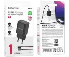 Oem Borofone Laidinis įkroviklis BN13 Safety GaN – Type C – PD 30W su Type C į Lightning kabeliu juodos spalvos
