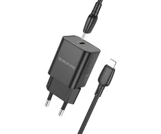 Oem Borofone Laidinis įkroviklis BN13 Safety GaN – Type C – PD 30W su Type C į Lightning kabeliu juodos spalvos