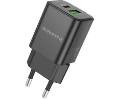 Borofone Laidinis įkroviklis BN14 Royal GaN – USB + Type C – QC 3.0 PD 30W juodos spalvos