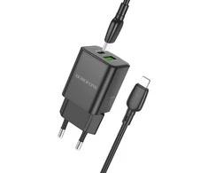 Oem Borofone Laidinis įkroviklis BN14 Royal GaN – USB + Type C – QC 3.0 PD 30W su Type C į Lightning kabeliu juodos spalvos