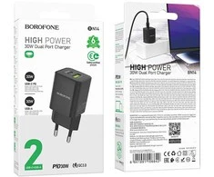 Borofone Laidinis įkroviklis BN14 Royal GaN – USB + Type C – QC 3.0 PD 30W juodos spalvos