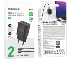 Oem Borofone Laidinis įkroviklis BN14 Royal GaN – USB + Type C – QC 3.0 PD 30W su Type C į Lightning kabeliu juodos spalvos