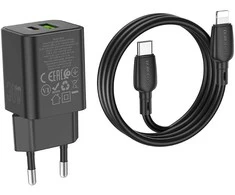 Borofone Laidinis įkroviklis BN14 Royal GaN – USB + Type C – QC 3.0 PD 30W su Type C į Lightning kabeliu juodos spalvos