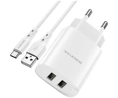 Įkroviklis Borofone BN2 2xUSB 2.1A + USB Type-C, baltas