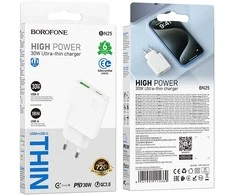Oem Borofone Laidinis įkroviklis BN25 Wish (Ultra Thin) – USB + Type C – PD QC 3.0 30W baltos spalvos