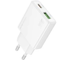 Oem Borofone Laidinis įkroviklis BN25 Wish (Ultra Thin) – USB + Type C – PD QC 3.0 30W baltos spalvos