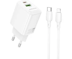 Borofone laidinis įkroviklis BN27 Fuente – USB + Type C – QC 3.0 PD 20W su Type C į Lightning kabeliu baltos spalvos