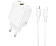 Borofone laidinis įkroviklis BN27 Fuente – USB + Type C – QC 3.0 PD 20W su Type C į Type C kabeliu baltos spalvos
