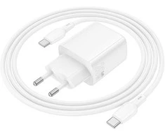 Borofone laidinis įkroviklis BN27 Fuente – USB + Type C – QC 3.0 PD 20W su Type C į Type C kabeliu baltos spalvos