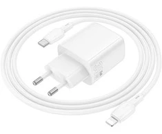 Borofone laidinis įkroviklis BN29 Fuente - USB + Type C - QC 3.0 PD 30W su Type C į Lightning kabeliu baltos spalvos