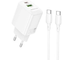 Borofone laidinis įkroviklis BN29 Fuente – USB + Type C – QC 3.0 PD 30W su Type C į Type C kabeliu baltos spalvos
