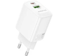 Borofone laidinis įkroviklis BN29 Fuente – USB + Type C – QC 3.0 PD 30W baltos spalvos