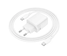 Borofone laidinis įkroviklis BN29 Fuente – USB + Type C – QC 3.0 PD 30W su Type C į Type C kabeliu baltos spalvos