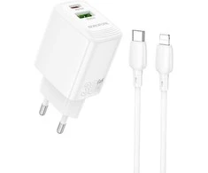 Borofone laidinis įkroviklis BN29 Fuente - USB + Type C - QC 3.0 PD 30W su Type C į Lightning kabeliu baltos spalvos