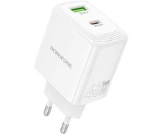 Borofone Wall charger BN30 Cargador GaN – USB + Type C – QC 3.0 PD 45W baltas