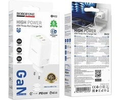 Borofone Wall charger BN32 Cargador GaN – USB + 2xType C – QC 3.0 PD 65W with Type C to Type C baltas