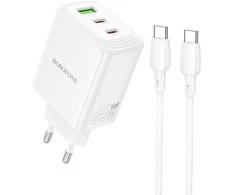 Borofone Wall charger BN32 Cargador GaN – USB + 2xType C – QC 3.0 PD 65W with Type C to Type C baltas