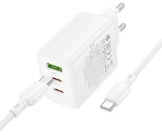 „Borofone“ sieninis įkroviklis BN32, GaN 4GB USB + 2xC tipo jungtys, QC 3.0 PD, 65W, su C tipo į C tipo jungtimi ir baltais laikikliais