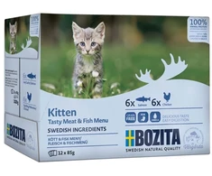 BOZITA Kitten box Mėsos ir žuvies gabaliukai padaže – šlapias pašaras kačiukui – 12x85g