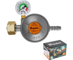 BRADAS DUJŲ REGULIATORIUS SU MANOMETRU IR APSAUGINIU VOŽTUVU EFV 37 mbar / 1,5kg/h / 9 mm / DĖŽUTĖ