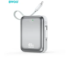 BWOO išorinė baterija P77 45W, 10000 mAh su USB-C ir Lightning laidu, pilka