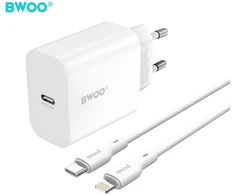 BWOO sieninis įkroviklis CDA233 PD 20W 1x USB-C su USB-C – Lightning laidu baltas